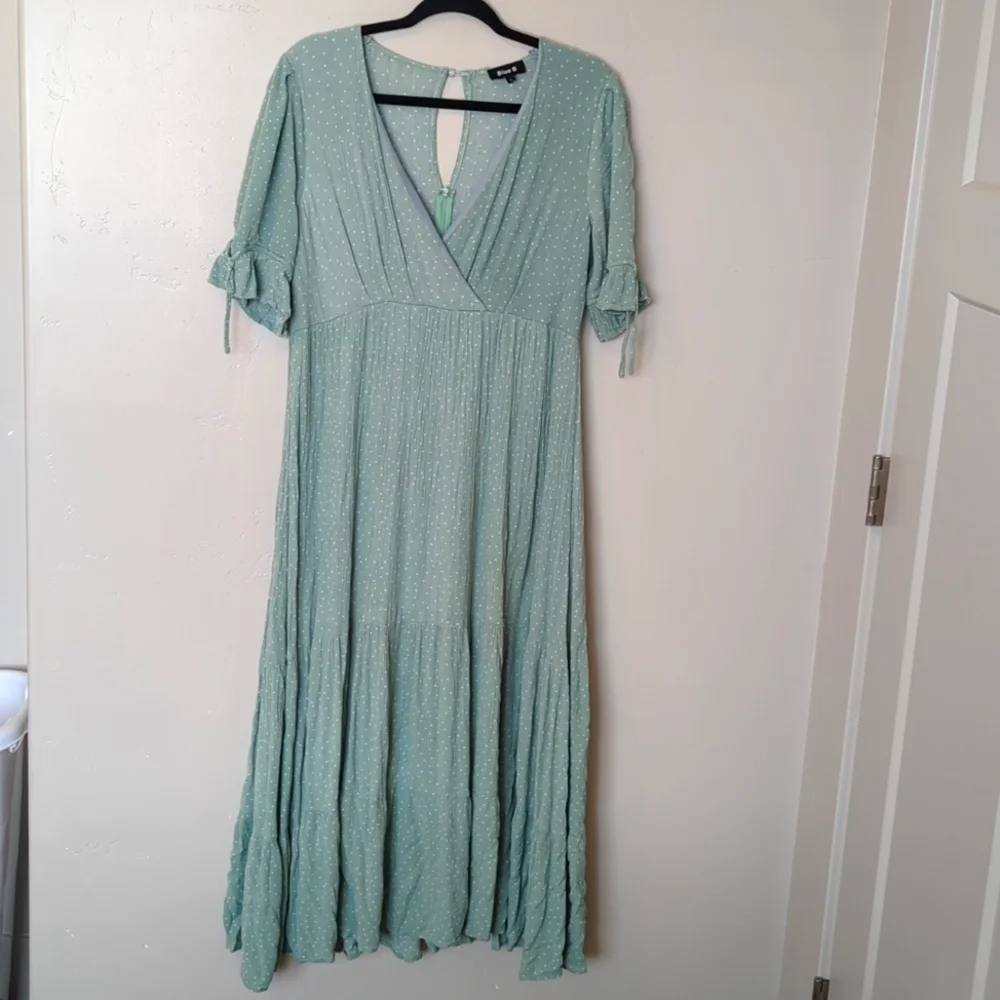 Blue B Seafoam Green Polka Dot Tiered Dress L
